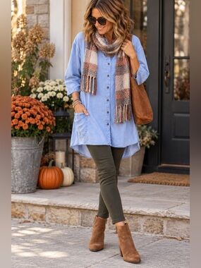 Giocam Size L Cotton Chambray  Oversized Button Down Pocket Made Peru Tunic Top